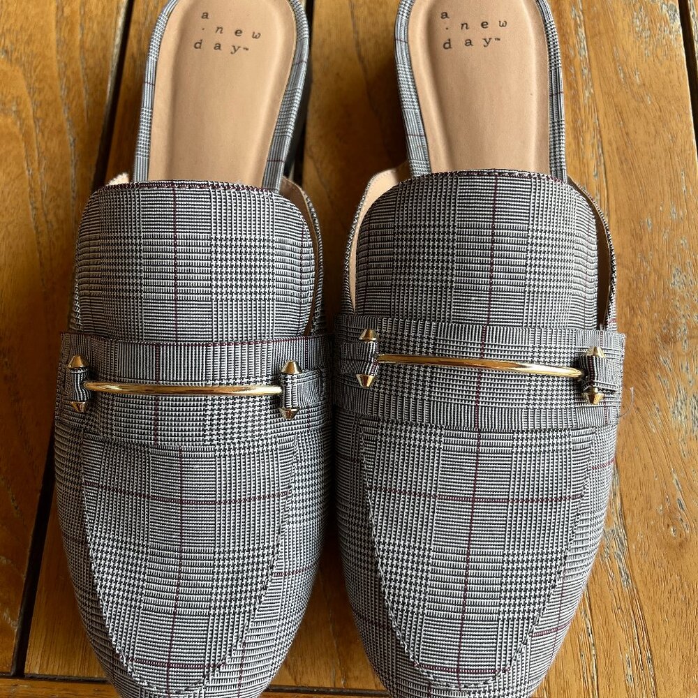 NWOT 9.5 A New Day Women’s Black White Plaid Mules Size 9.5